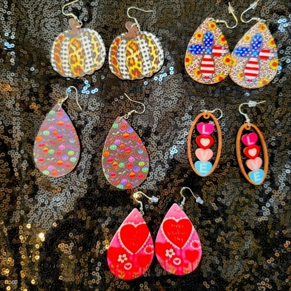 Earrings 5 pair cross,sunflower, hearts,Halloween